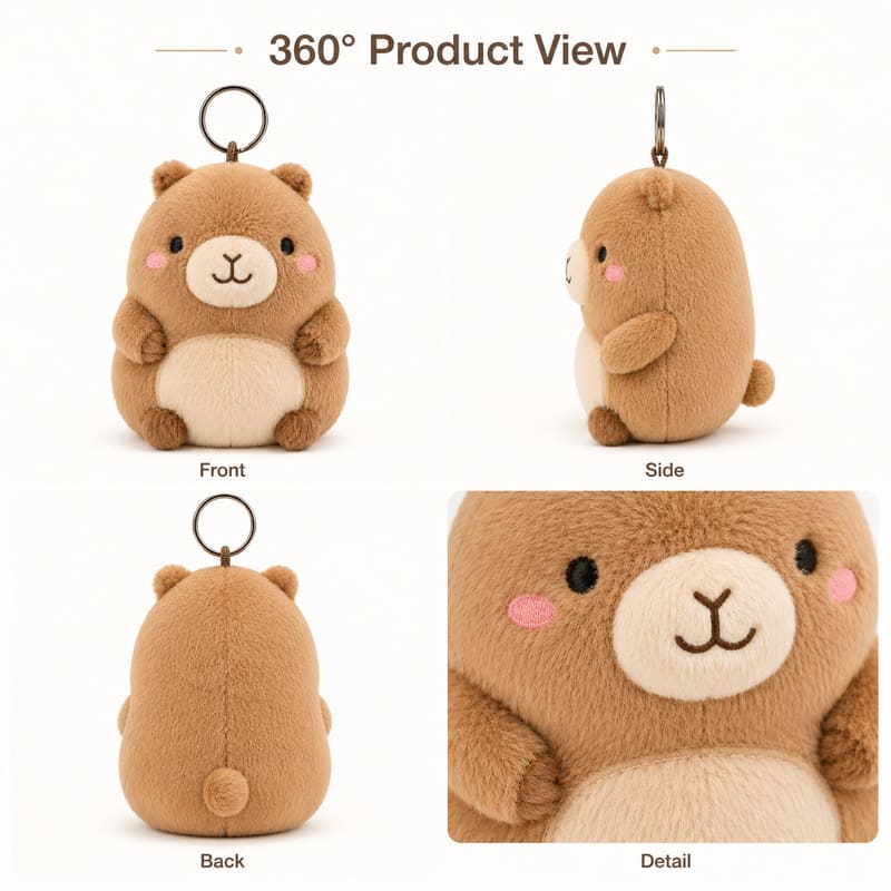 Brown bear plush keychain front side back view