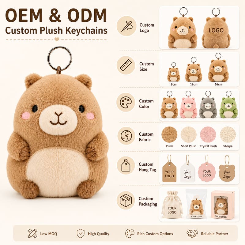 Brown bear plush keychain embroidered detail