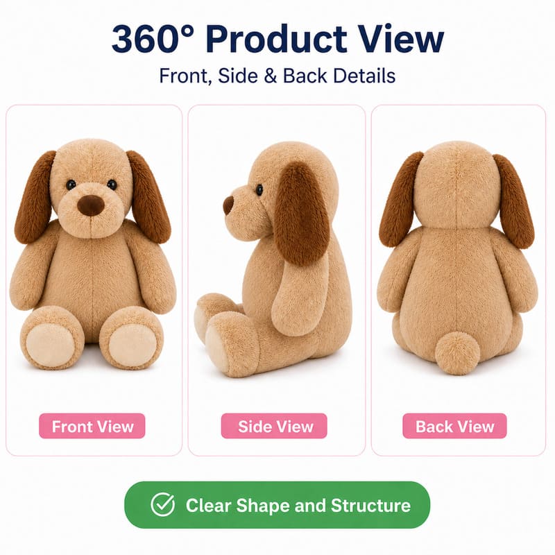 Brown puppy plush toy front side back view