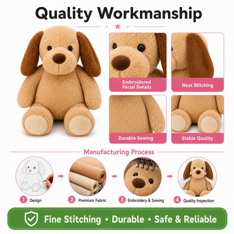 Brown puppy plush toy embroidered detail