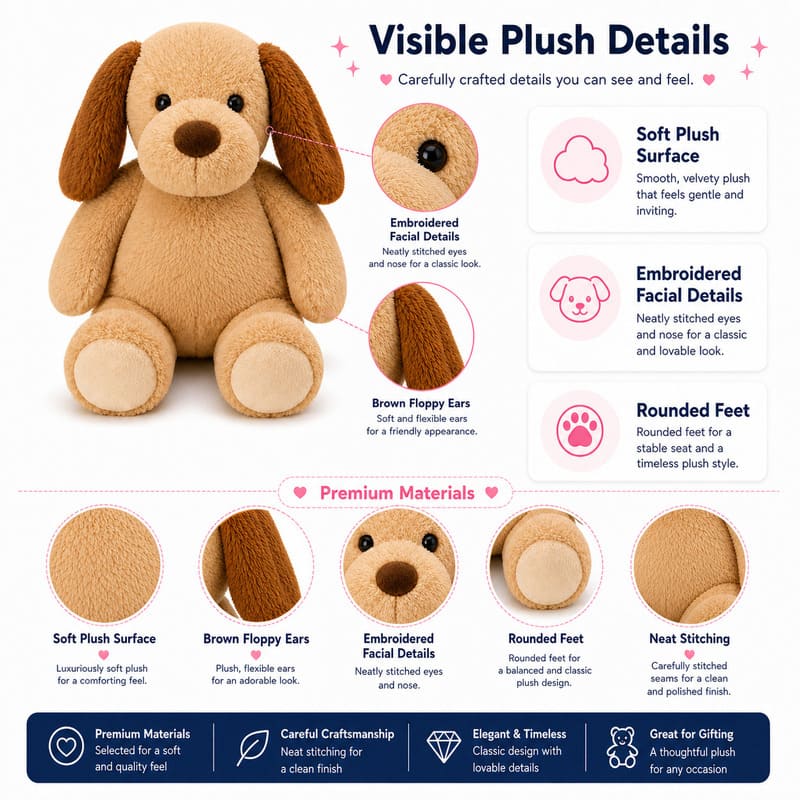 Brown puppy plush toy size reference
