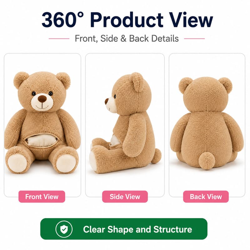 Brown teddy bear plush toy front side back view