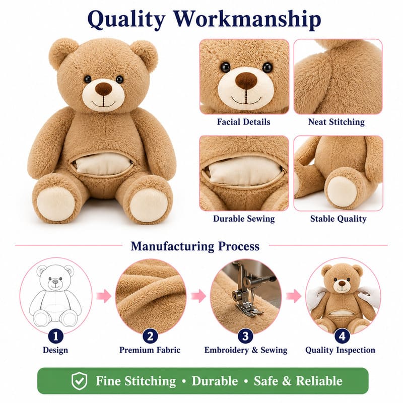 Brown teddy bear plush toy embroidered detail
