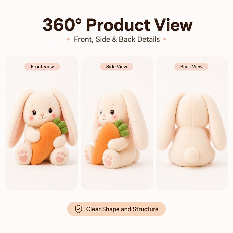 Bunny carrot plush toy front side back view