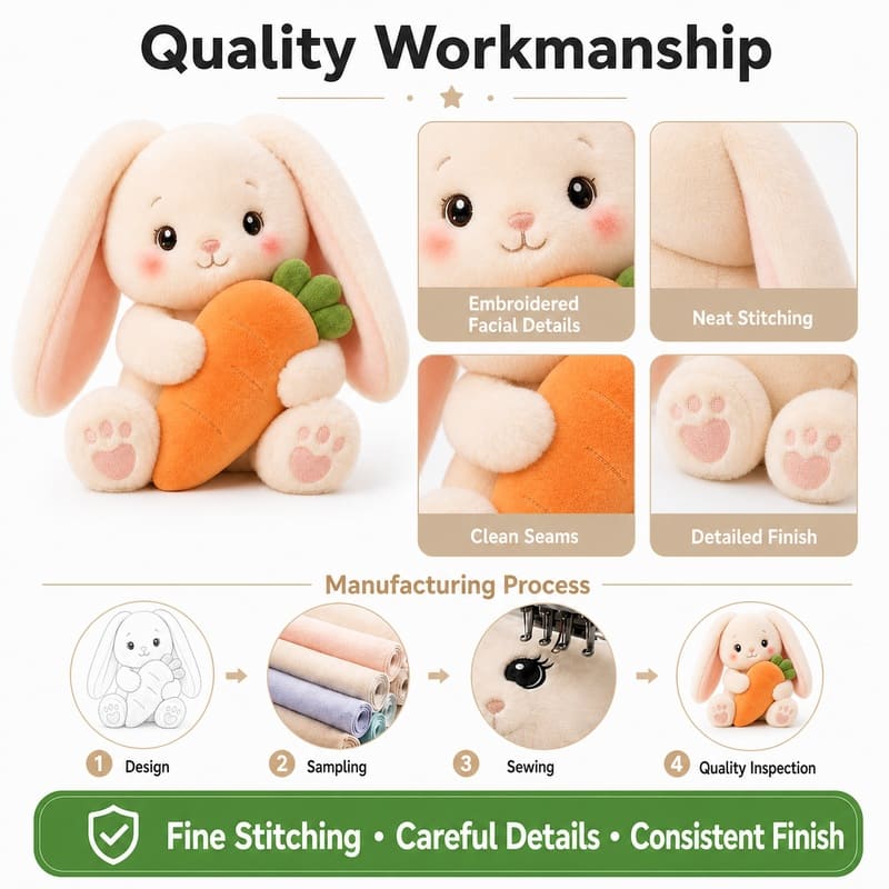 Bunny carrot plush toy embroidered detail