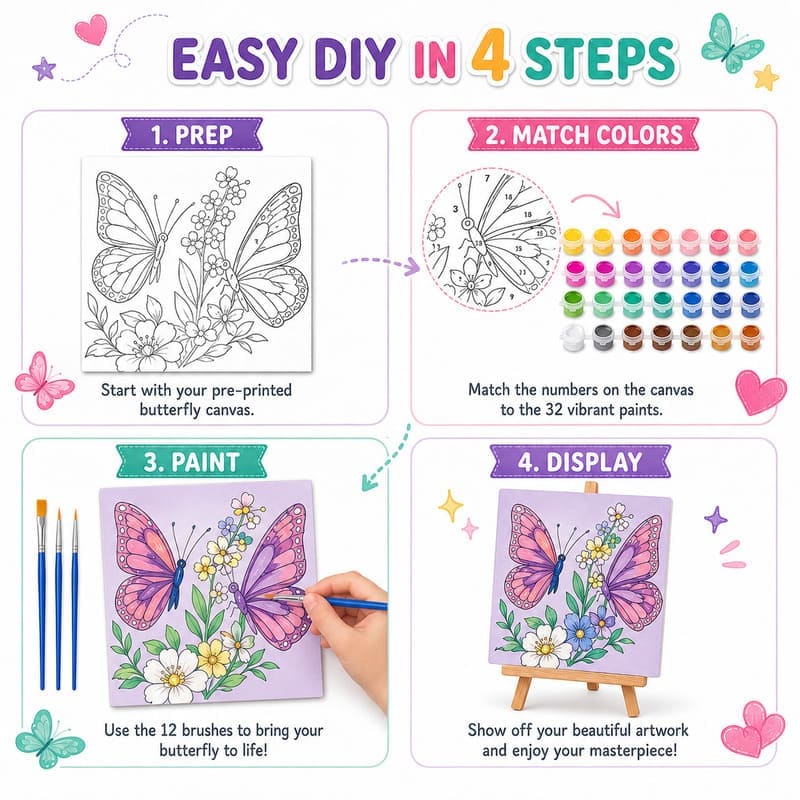 Butterfly paint by numbers kit for kids size reference