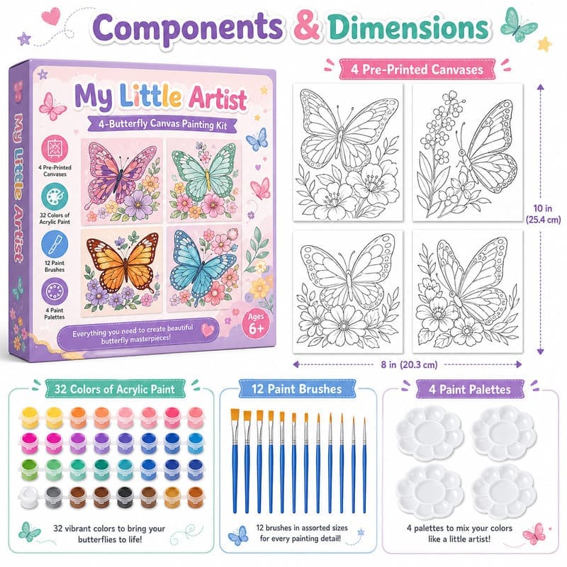 Butterfly paint by numbers kit for kids front side back view
