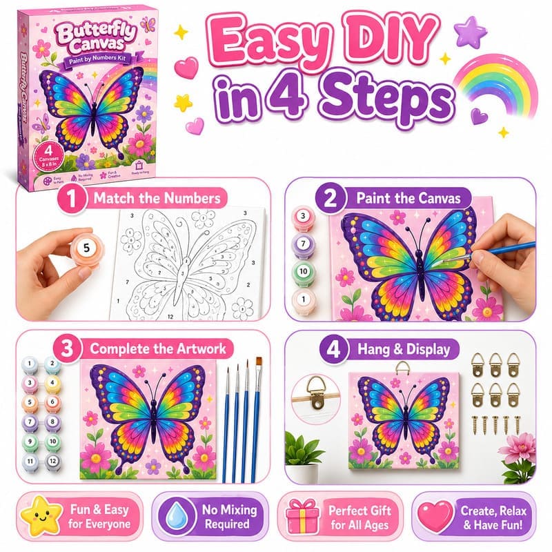 Butterfly pre-printed canvas painting kit for kids size reference