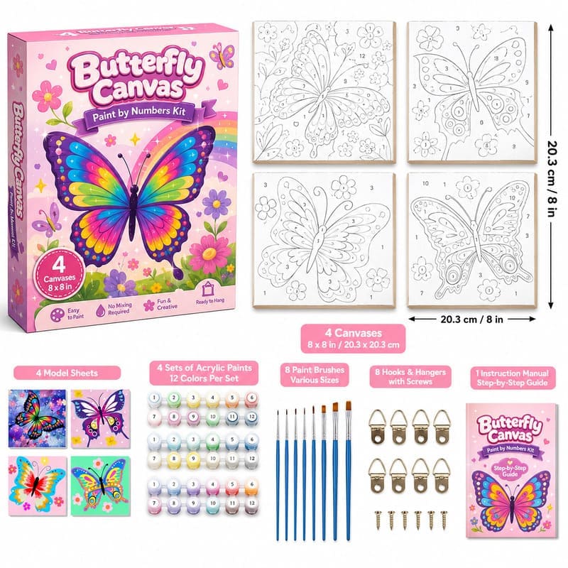 Butterfly pre-printed canvas painting kit for kids front side back view