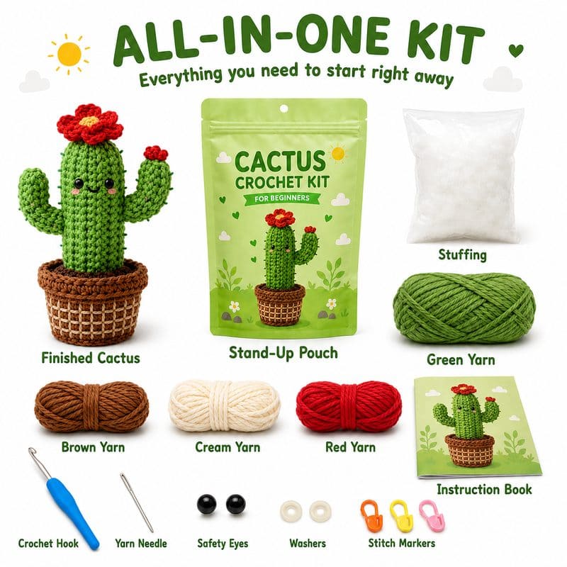 Cactus crochet kit for beginners front side back view
