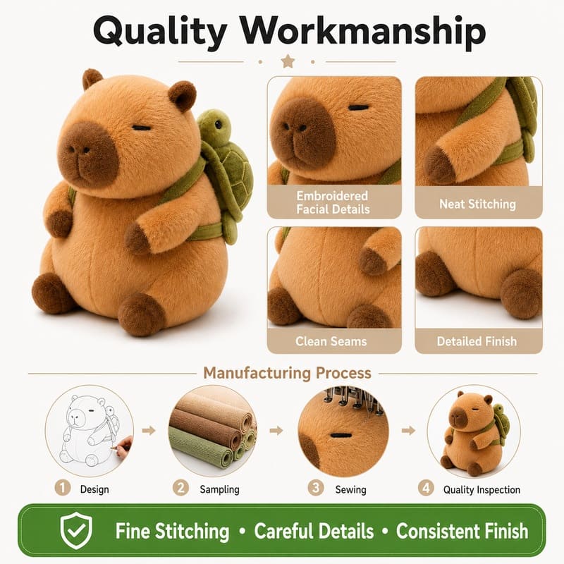 Capybara plush toy embroidered detail
