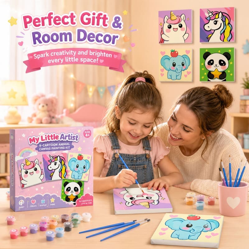 Cartoon animal pre-printed canvas painting kit for kids stitching detail