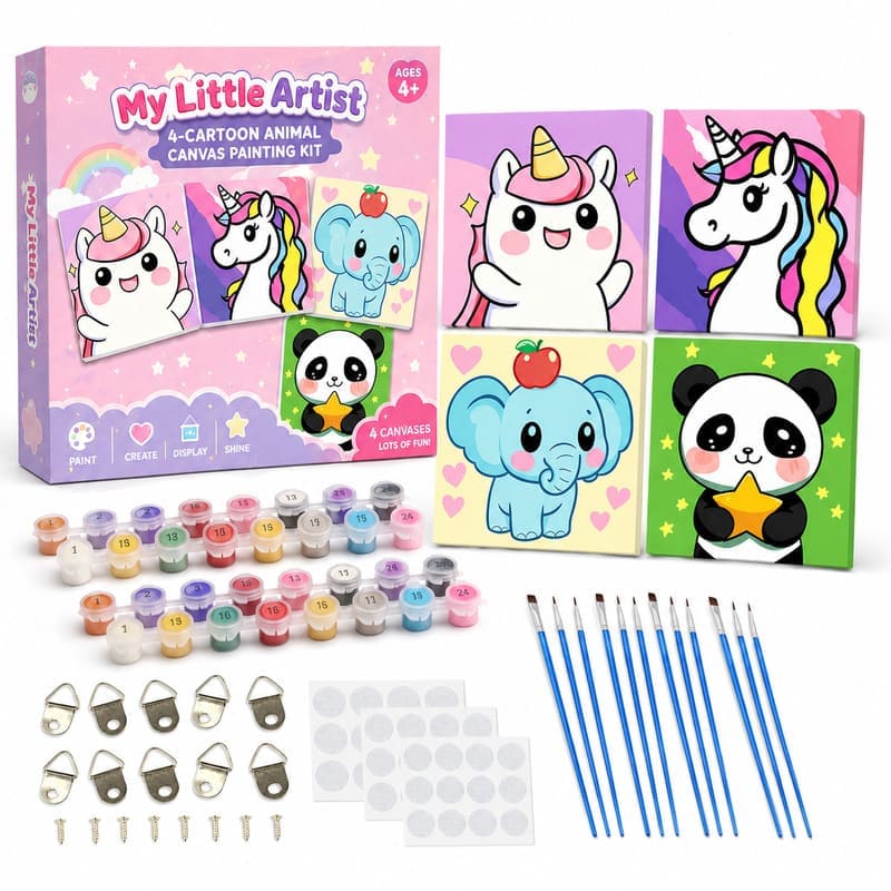 Cartoon animal pre-printed canvas painting kit for kids front view