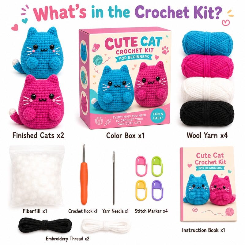 Cat amigurumi crochet kit for beginners front side back view