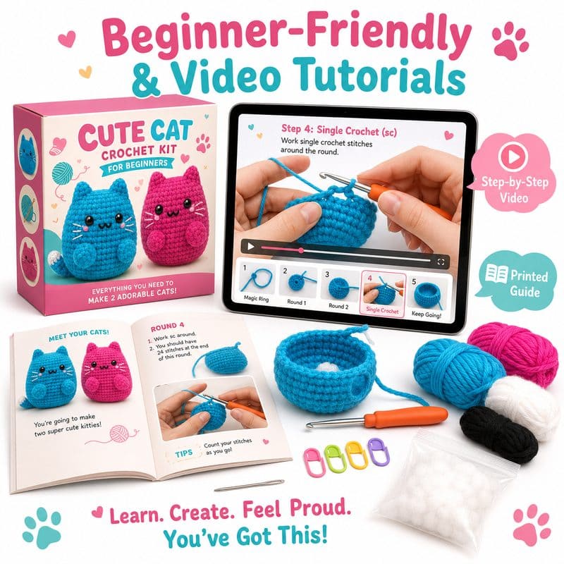 Cat amigurumi crochet kit for beginners size reference