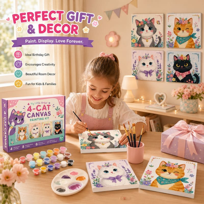 Cat pre-printed canvas painting kit for kids stitching detail