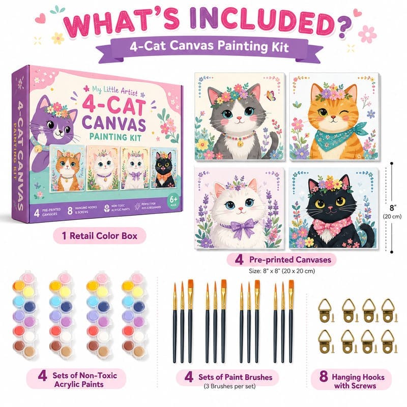Cat pre-printed canvas painting kit for kids front side back view