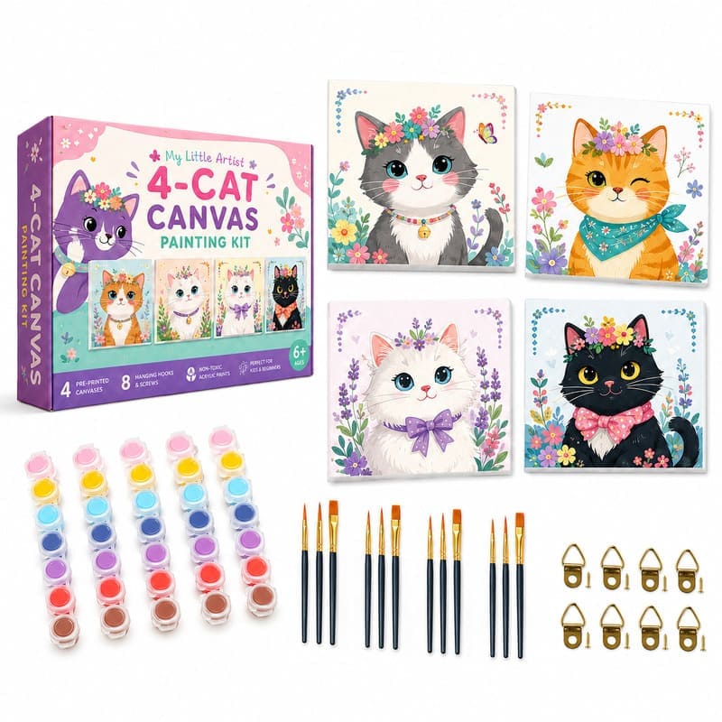 Cat pre-printed canvas painting kit for kids front view