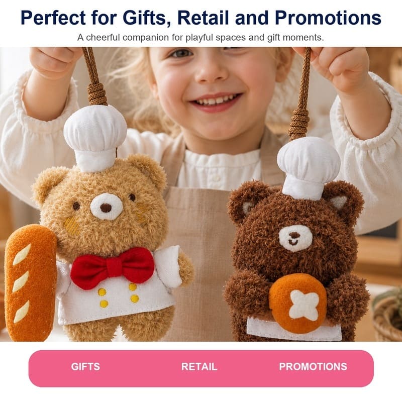 Chef bear plush hanging ornament set stitching detail