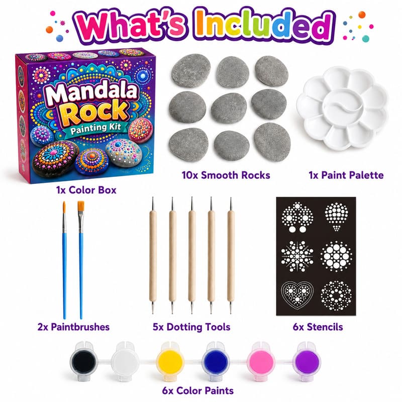 Colorful mandala rock painting kit for kids – wholesale oem/odm kids craft set front side back view