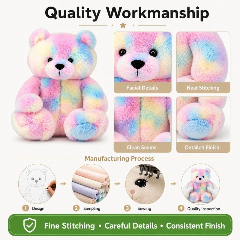 Colorful teddy bear plush toy collection embroidered detail