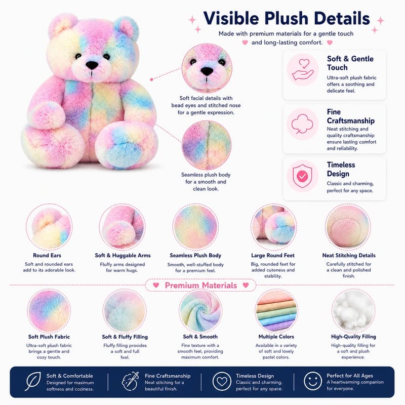 Colorful teddy bear plush toy collection size reference