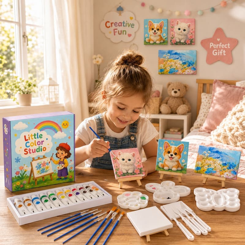 Complete canvas painting kit for kids stitching detail