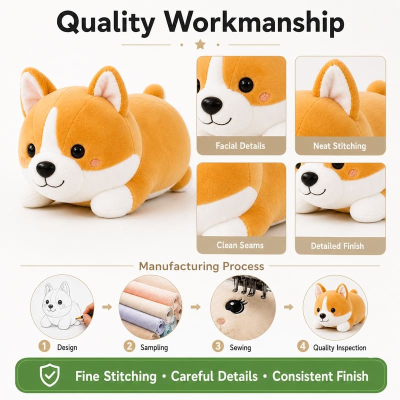 Corgi dog plush toy embroidered detail