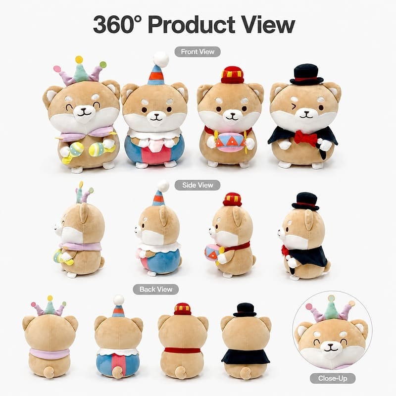 Costume shiba inu plush doll set for custom retail and oem plush collections front side back view