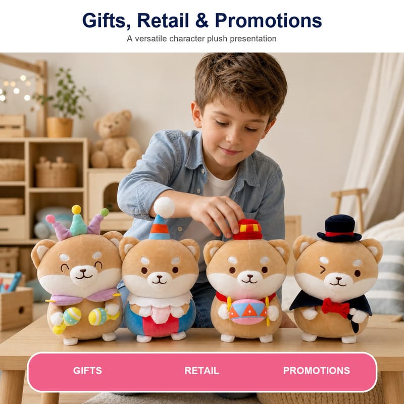 Costume shiba inu plush doll set for custom retail and oem plush collections stitching detail