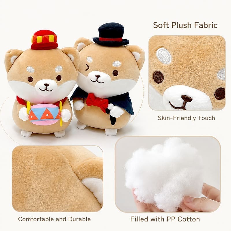 Costume shiba inu plush doll set for custom retail and oem plush collections size reference