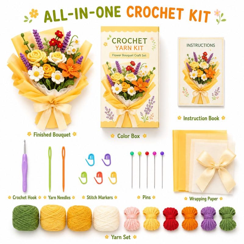 Crochet flower bouquet kit for beginners front side back view