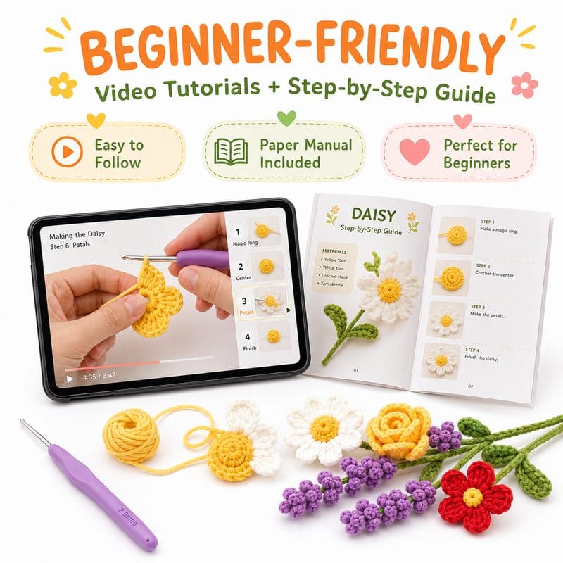 Crochet flower bouquet kit for beginners size reference