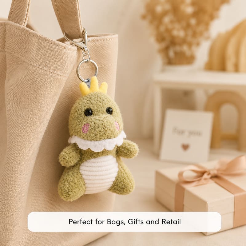 Crowned dinosaur plush keychain set stitching detail