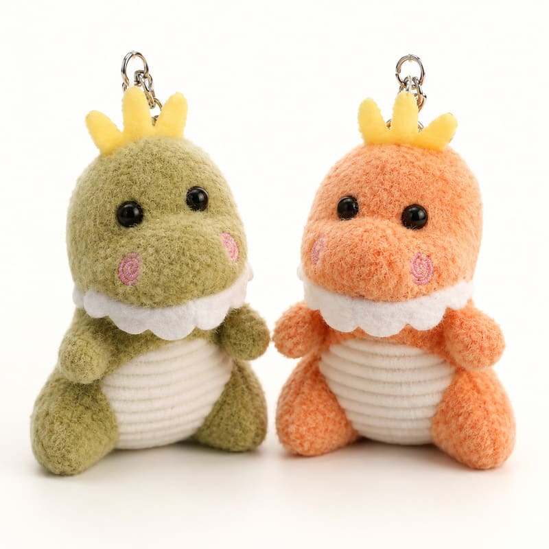Crowned dinosaur plush keychain set front view