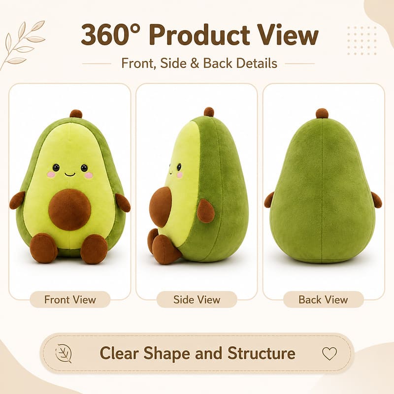 Custom avocado plush toy front side back view