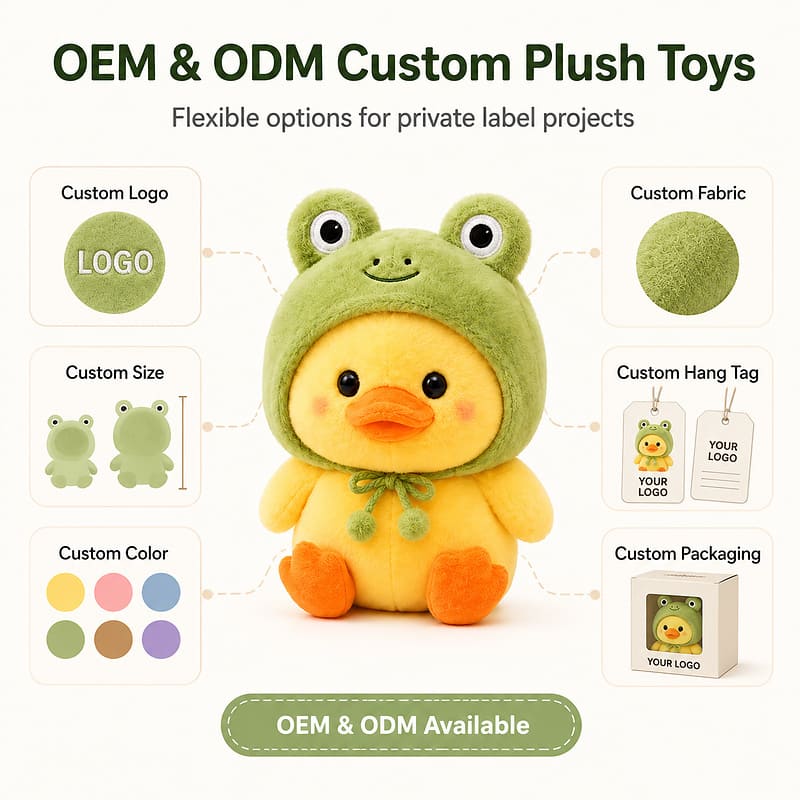 Frog costume duck plush toy embroidered detail