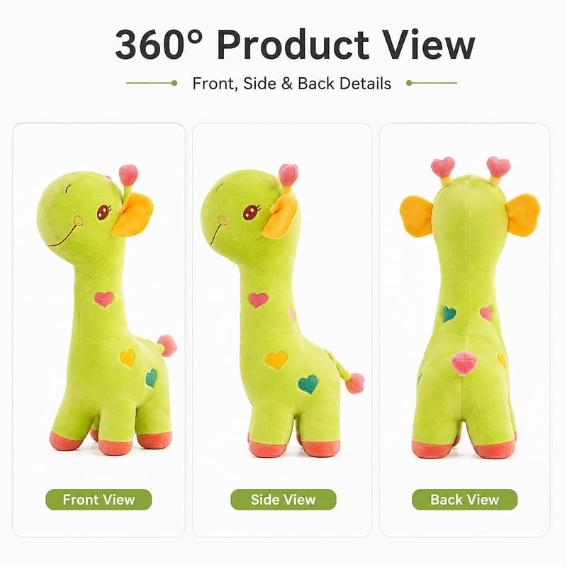 Custom green giraffe plush toy front side back view