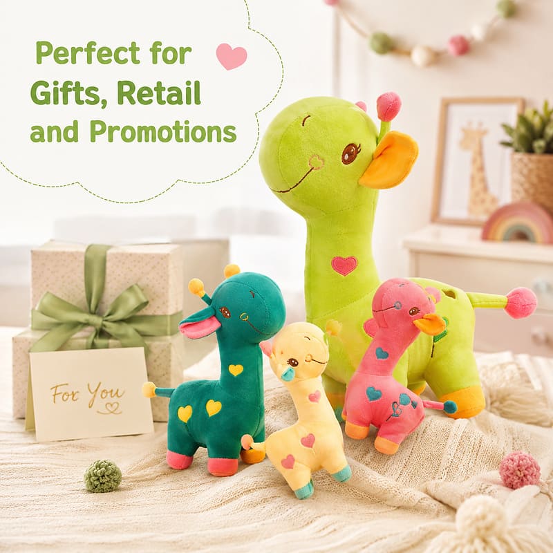 Custom green giraffe plush toy stitching detail