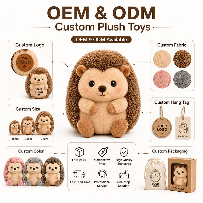 Custom hedgehog plush toy embroidered detail