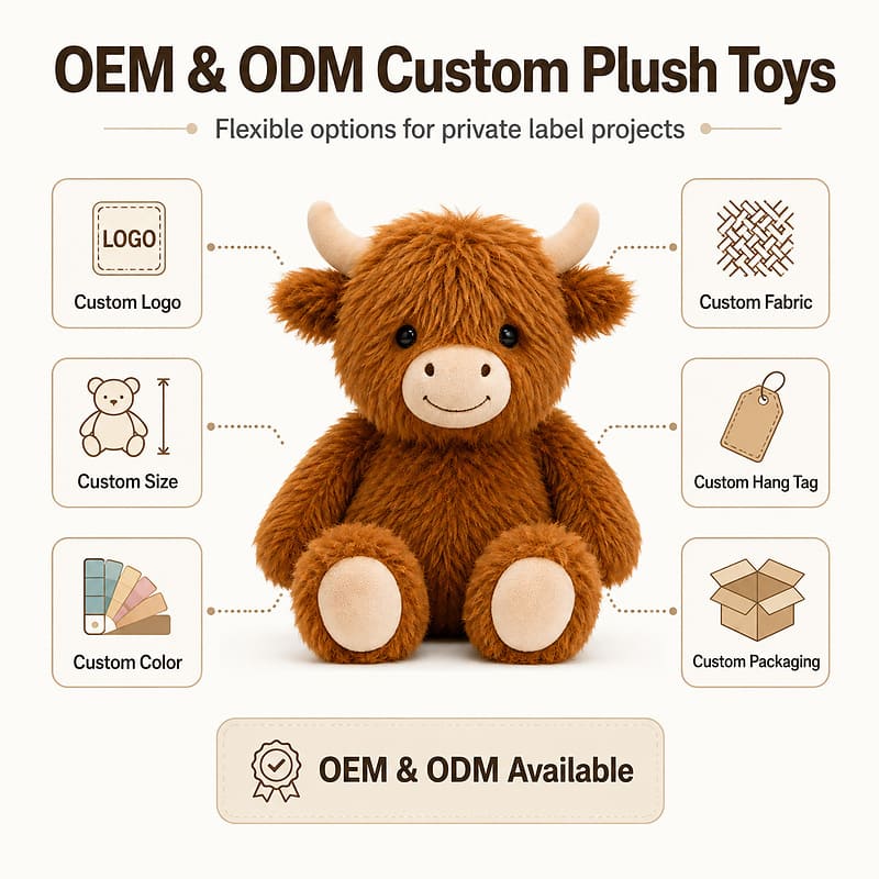 Custom highland cow plush toy embroidered detail