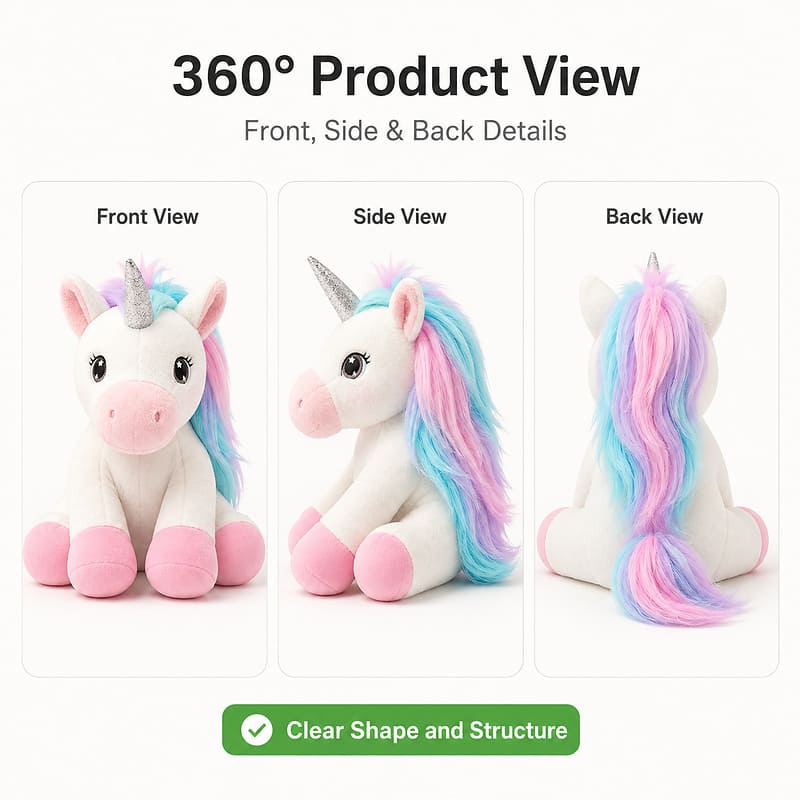 Custom pink unicorn plush toy front side back view