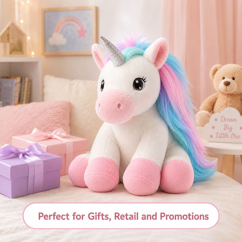 Custom pink unicorn plush toy stitching detail