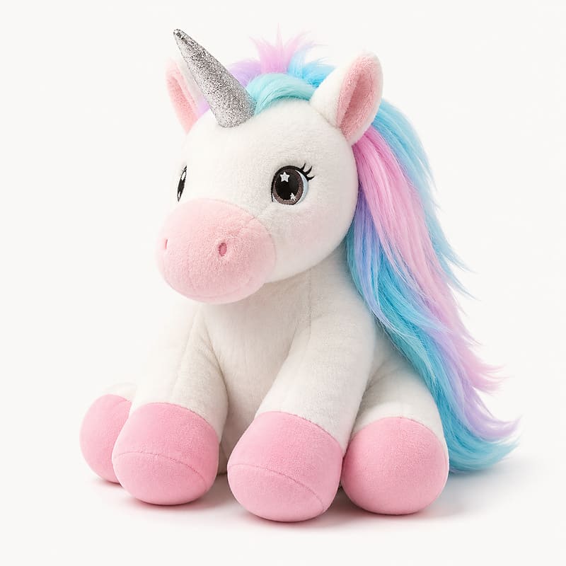 Custom pink unicorn plush toy front view