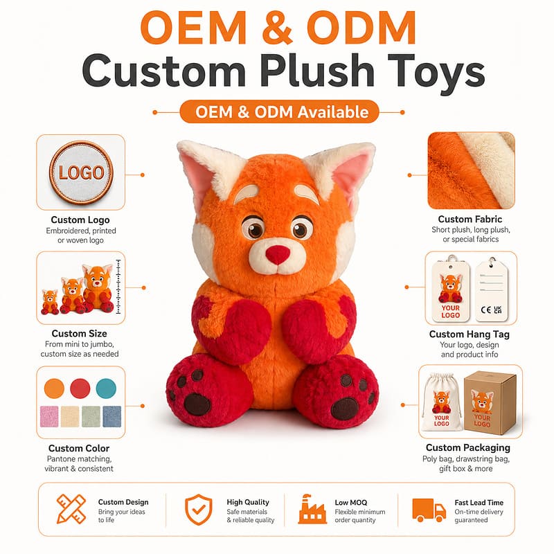 Custom red panda plush toy embroidered detail