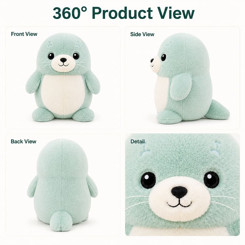 Custom seal plush toy front side back view