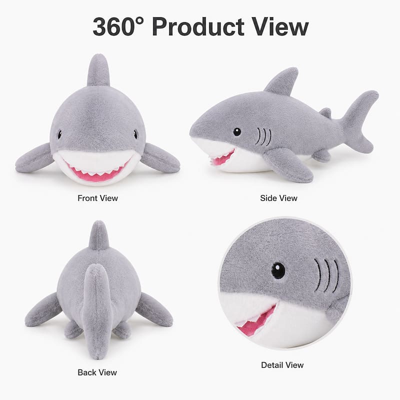 Custom shark plush toy front side back view
