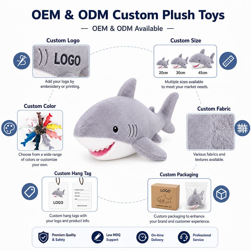 Custom shark plush toy embroidered detail