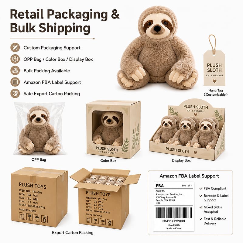 Custom sloth plush toy design detail