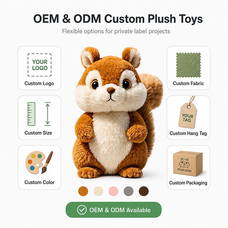 Custom squirrel plush toy embroidered detail